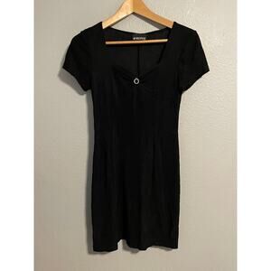 Vintage Dress Womens Small Black Slinky Short Sleeve Mini Rhinestone LBD 90s Y2K